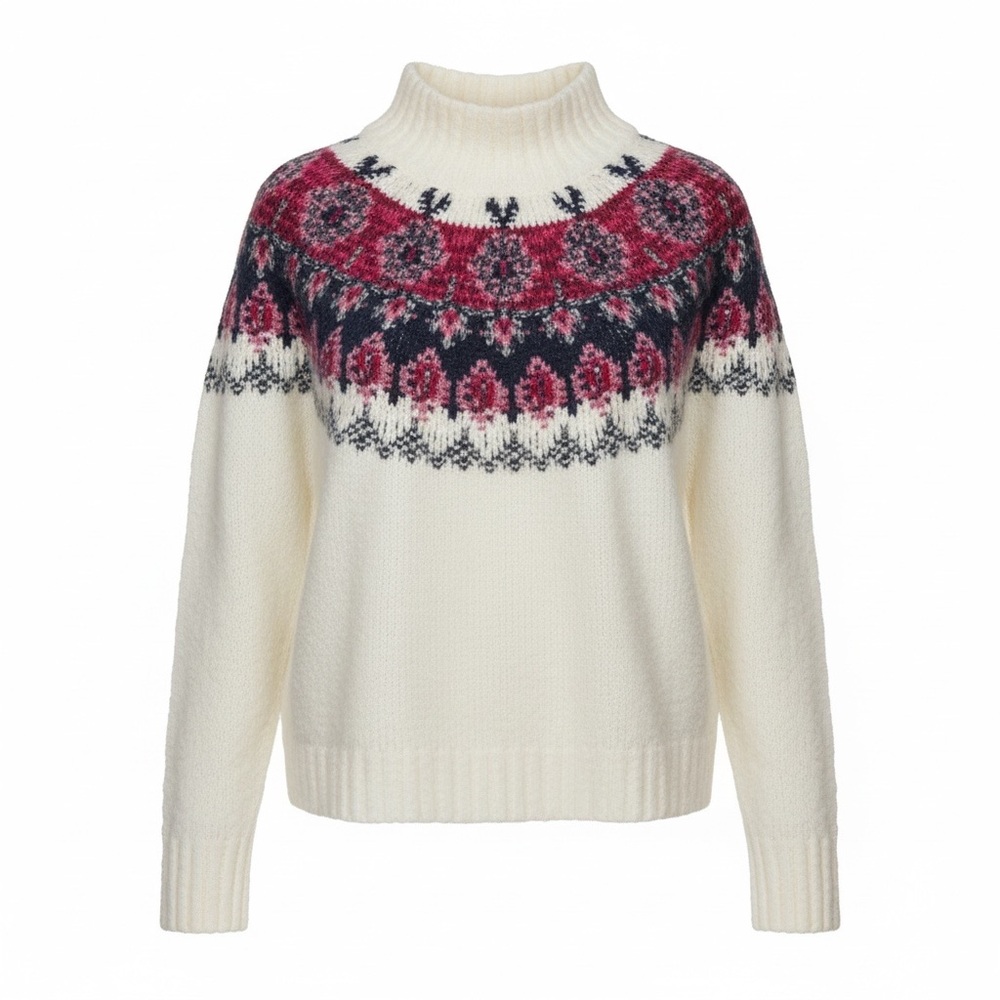 XL Lucky Brand Cream Fair Isle Cowl Sweater with Pink and Navy Yoke VGUC